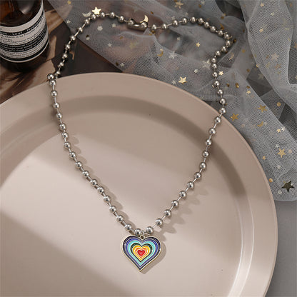 Rainbow Enamel and Silver-Plated Bead Chain Heart Pendant Necklace, silver pendant necklace for women, detail close-up