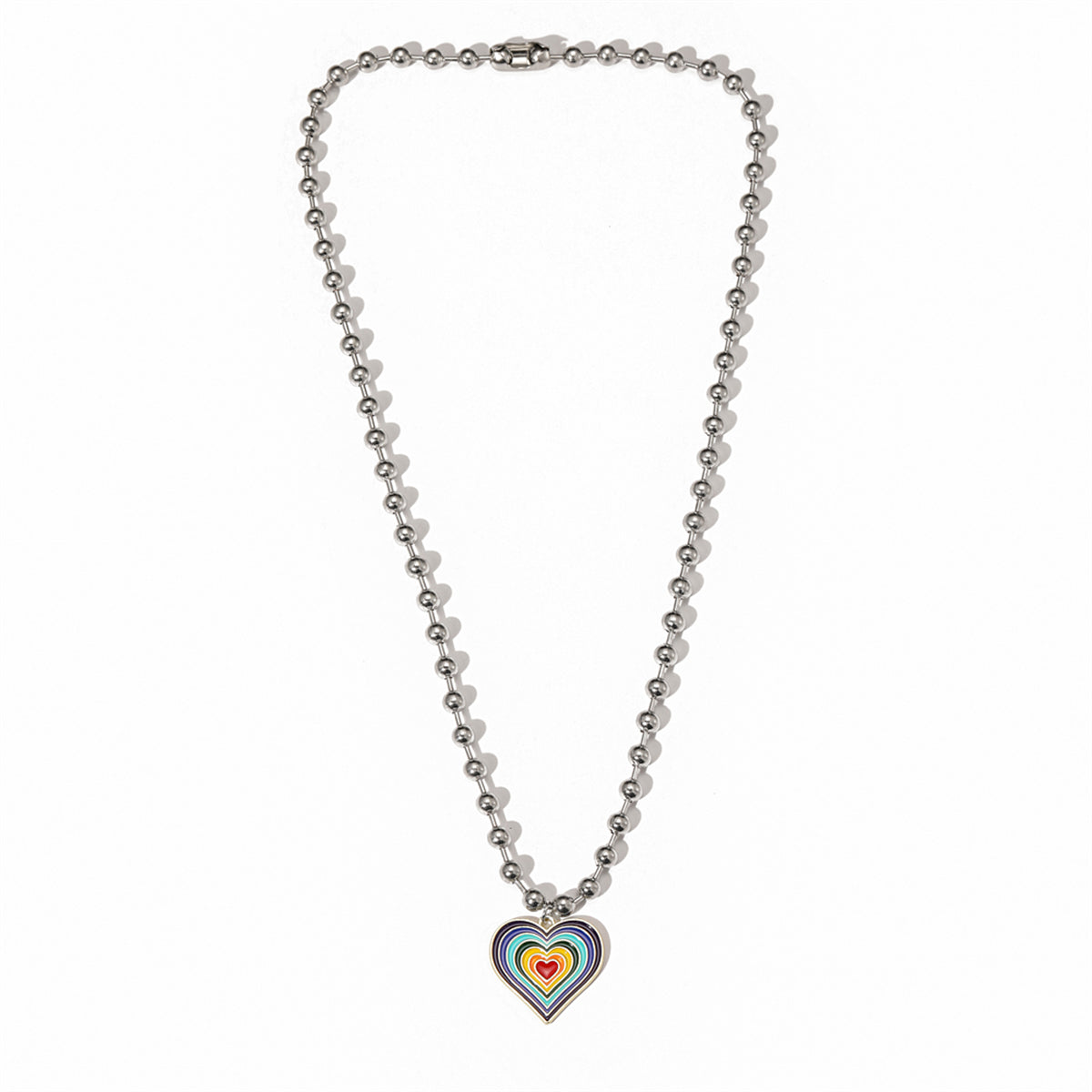 Rainbow Enamel and Silver-Plated Bead Chain Heart Pendant Necklace, silver pendant necklace for women, lifestyle look