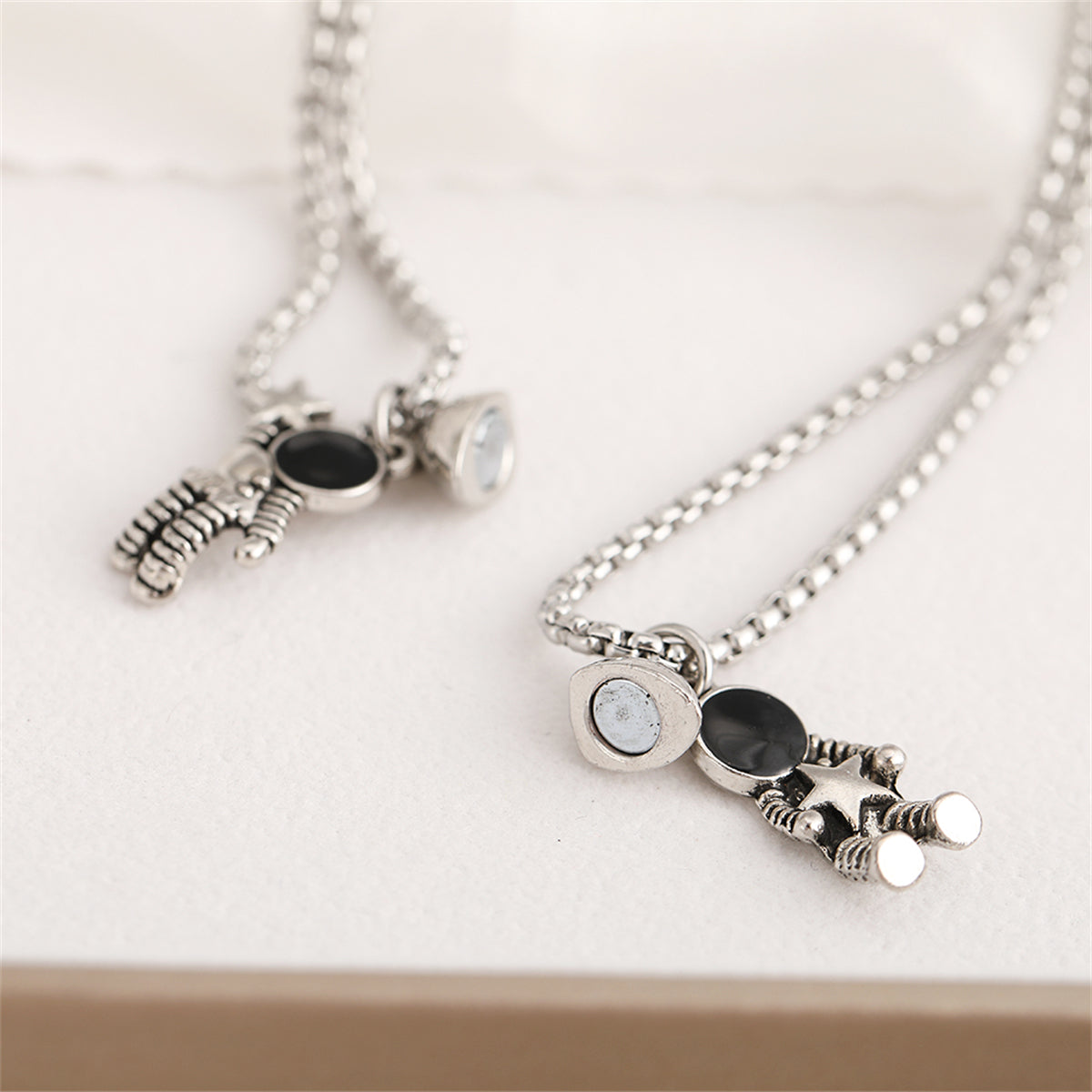 Black Enamel & Silver-Plated Heart Astronaut Pendant Necklace Set