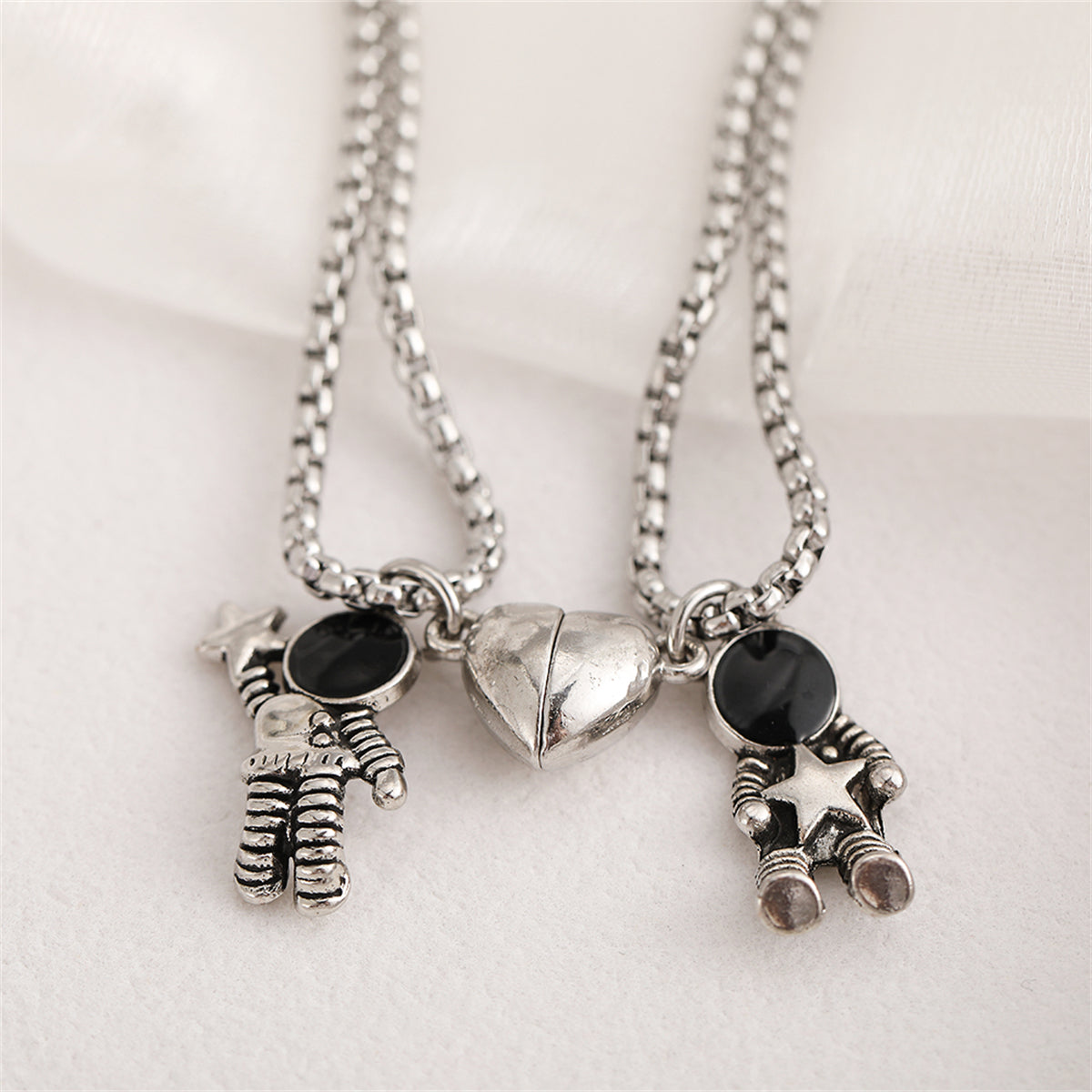 Black Enamel & Silver-Plated Heart Astronaut Pendant Necklace Set