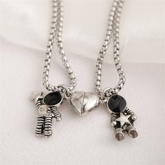 Black Enamel & Silver-Plated Heart Astronaut Pendant Necklace Set