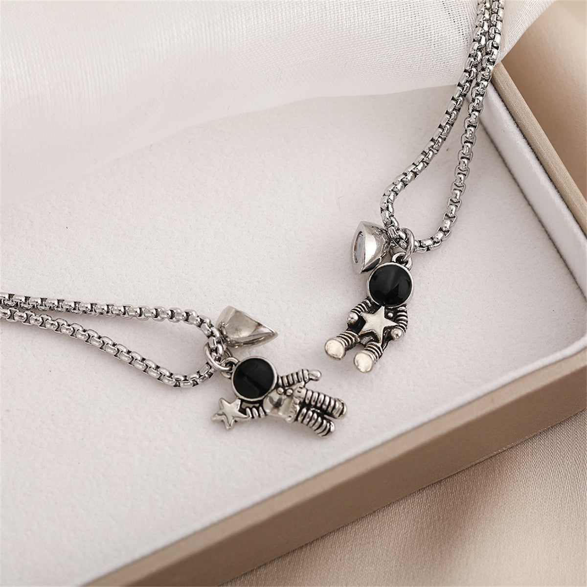 Black Enamel & Silver-Plated Heart Astronaut Pendant Necklace Set