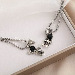 Black Enamel & Silver-Plated Heart Astronaut Pendant Necklace Set