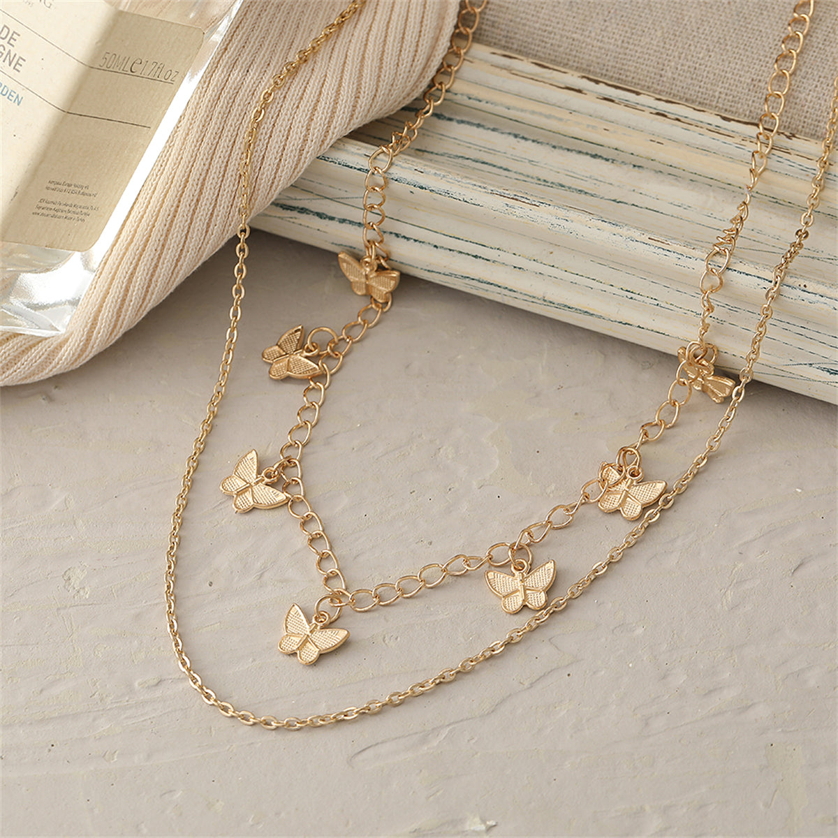 18K Gold-Plated Butterfly Station Layered Necklace, gold pendant necklace for women, everyday style, detail close-up