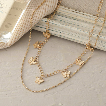 18K Gold-Plated Butterfly Station Layered Necklace, gold pendant necklace for women, everyday style, detail close-up
