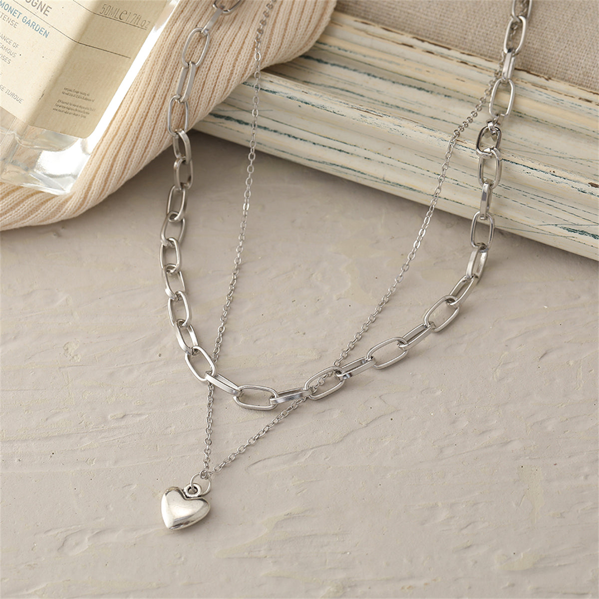 Silver-Plated Heart Layered Necklace, silver pendant necklace for women, everyday style, side view