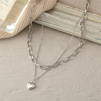 Silver-Plated Heart Layered Necklace, silver pendant necklace for women, everyday style, side view