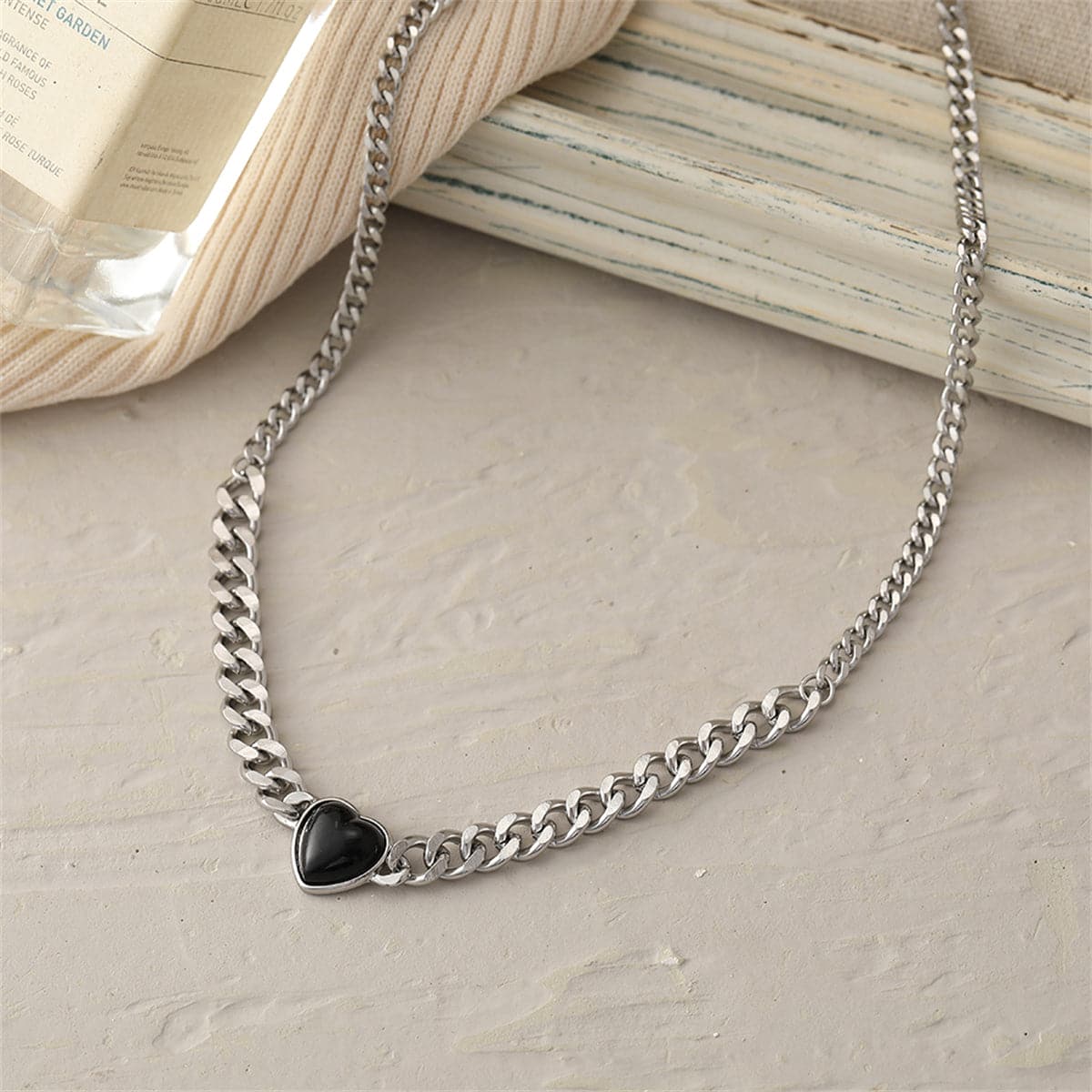 Black Resin & Silver-Plated Heart Pendant Necklace