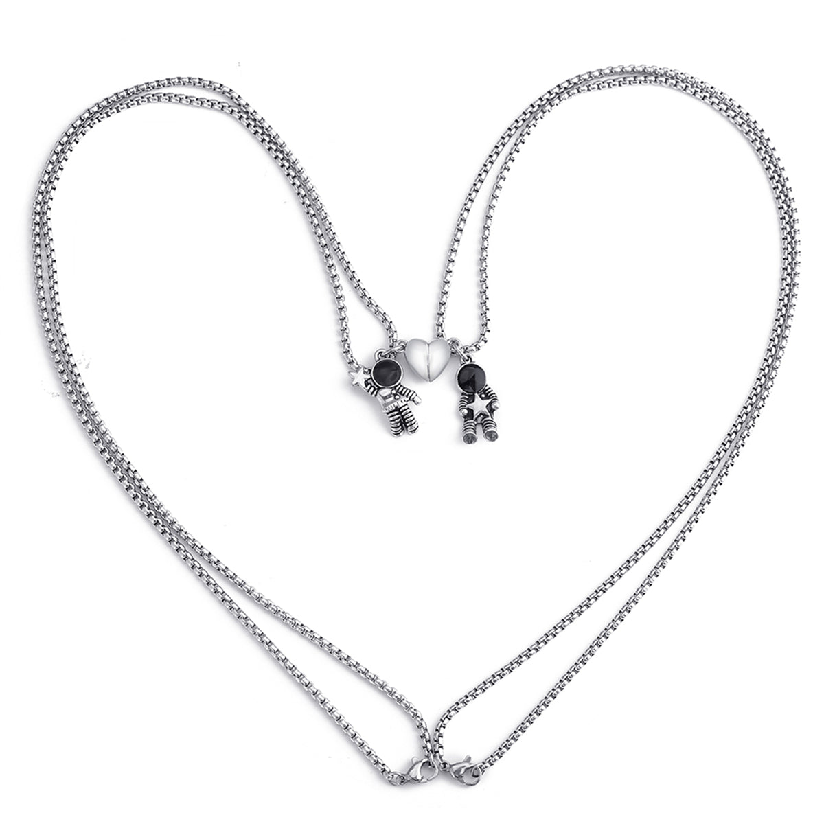 Black Enamel & Silver-Plated Heart Astronaut Pendant Necklace Set