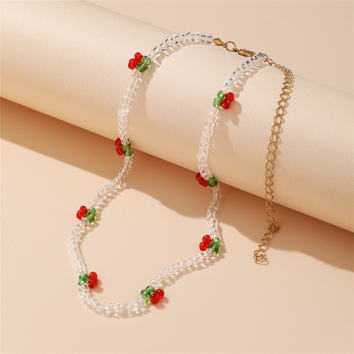White and Red Beaded Cherry Station Necklace, pendant necklace for women, dainty minimalist design, side view