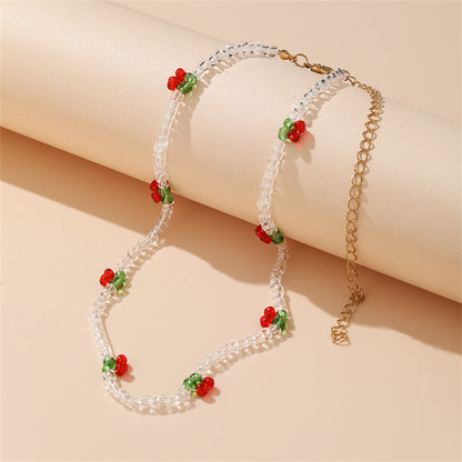 White and Red Beaded Cherry Station Necklace, pendant necklace for women, dainty minimalist design, side view