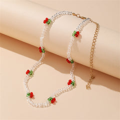 White & Red Beaded Cherry Station Necklace