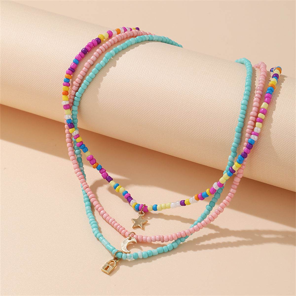 Multicolor Howlite and 18K Gold-Plated Celestial Necklace Set, gold pendant necklace for women, front view