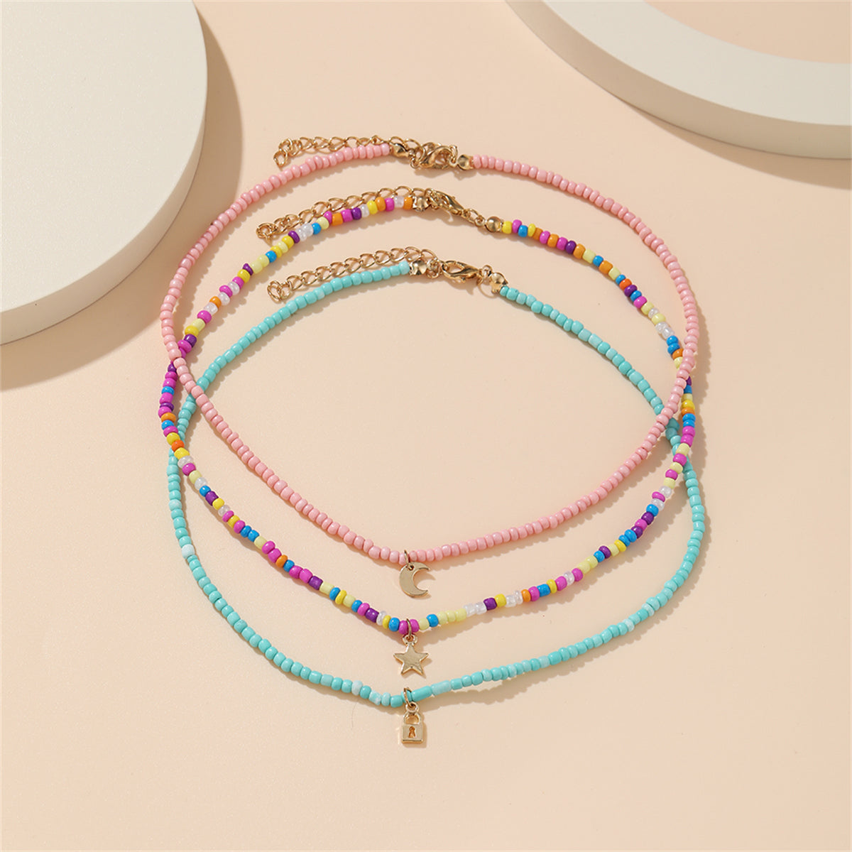 Multicolor Howlite and 18K Gold-Plated Celestial Necklace Set, gold pendant necklace for women, botanical inspired, side view