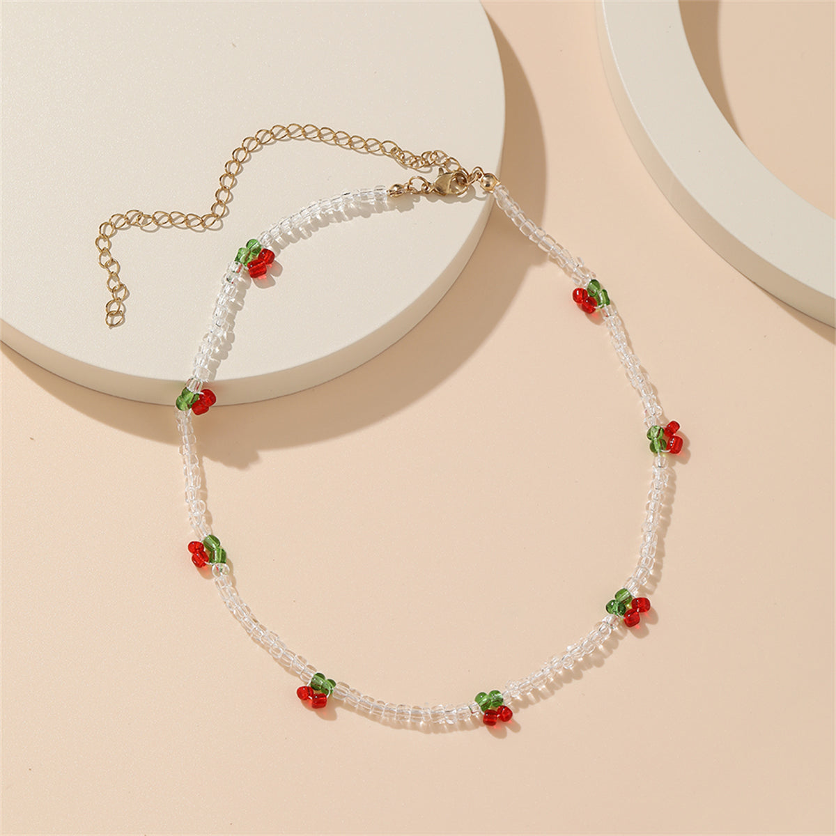 White and Red Beaded Cherry Station Necklace, pendant necklace for women, dainty minimalist design, detail close-up