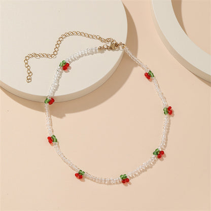 White and Red Beaded Cherry Station Necklace, pendant necklace for women, dainty minimalist design, detail close-up