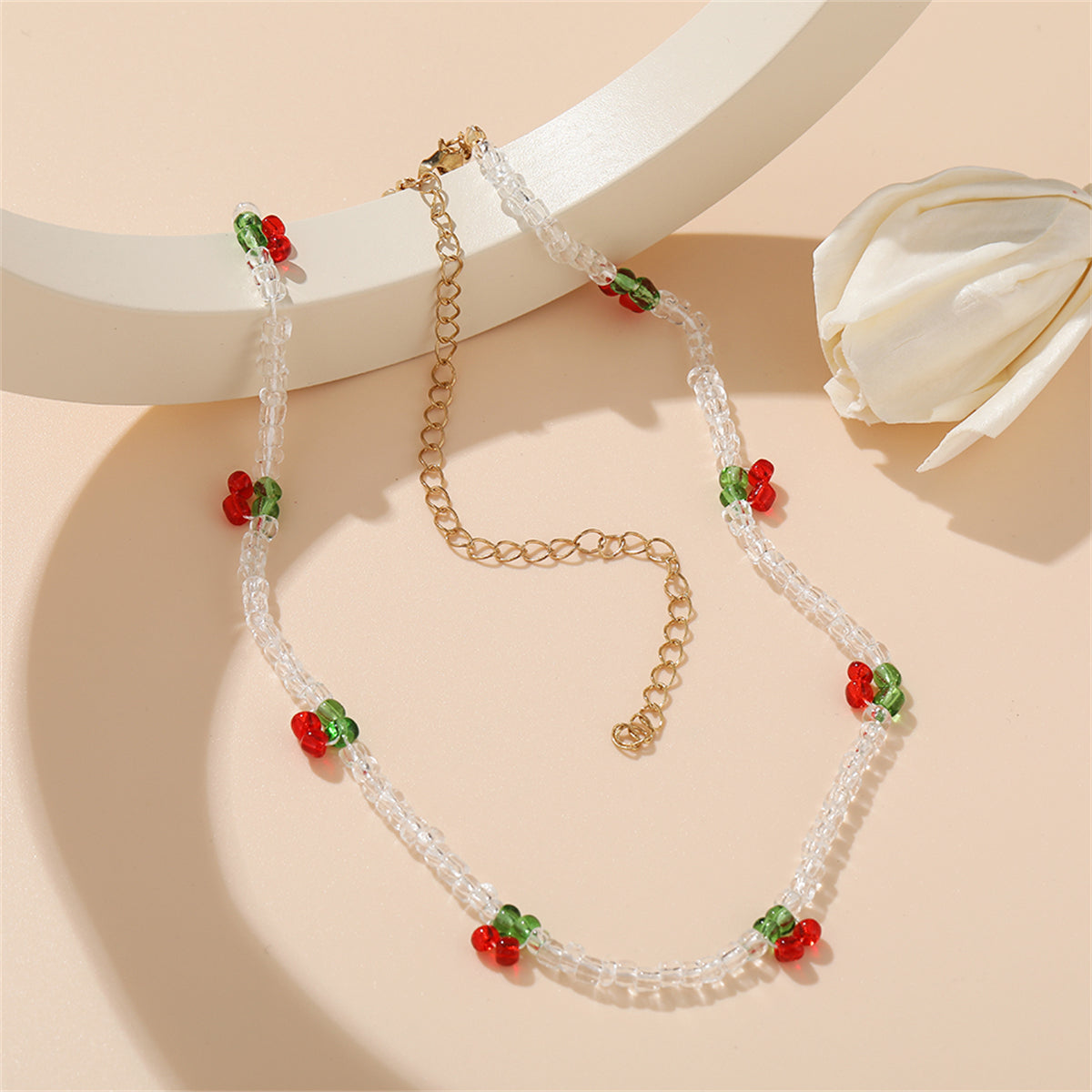 White and Red Beaded Cherry Station Necklace, pendant necklace for women, dainty minimalist design, lifestyle look