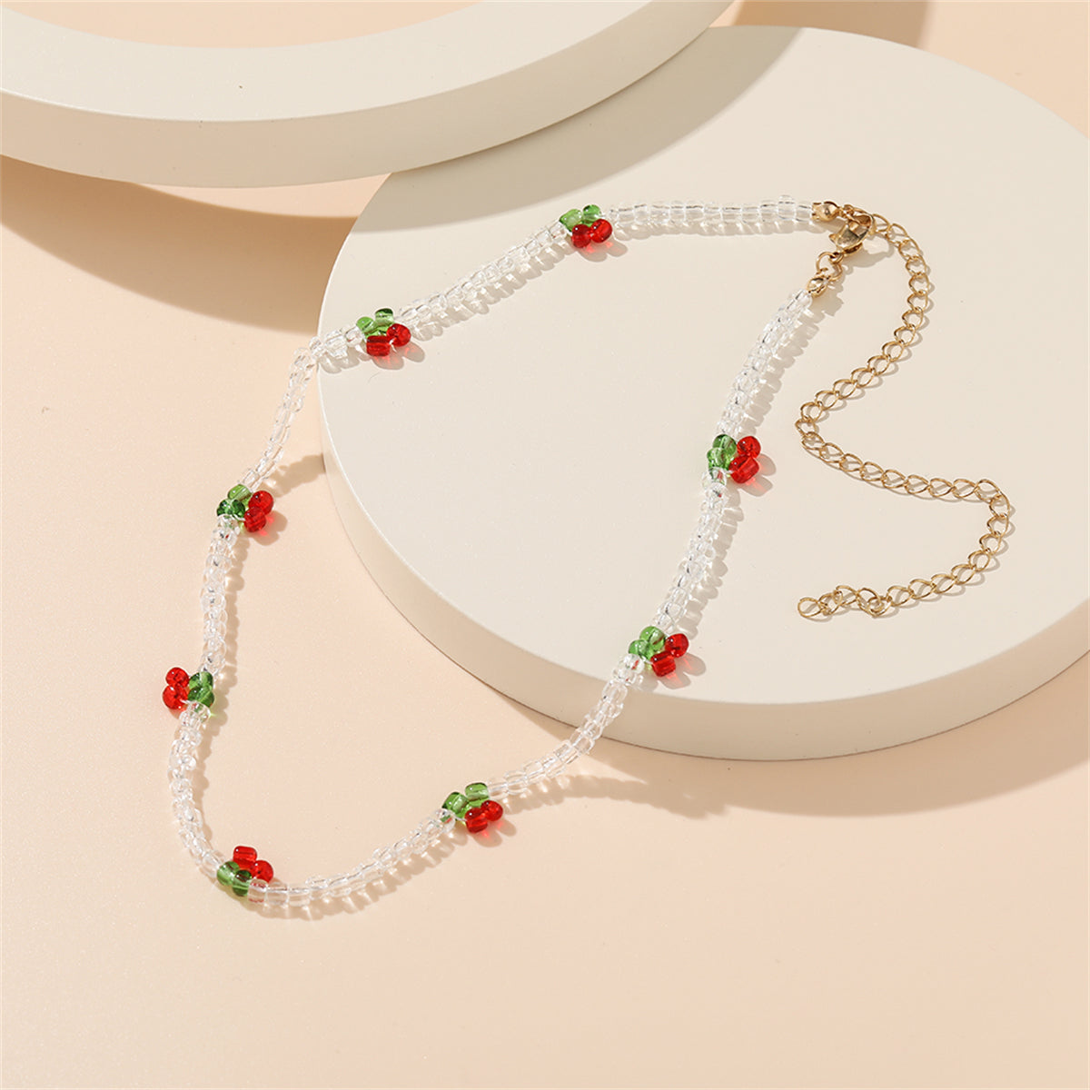 White and Red Beaded Cherry Station Necklace, pendant necklace for women, dainty minimalist design, styled look