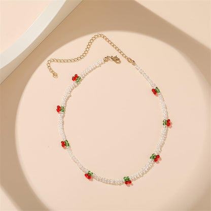 White & Red Beaded Cherry Station Necklace