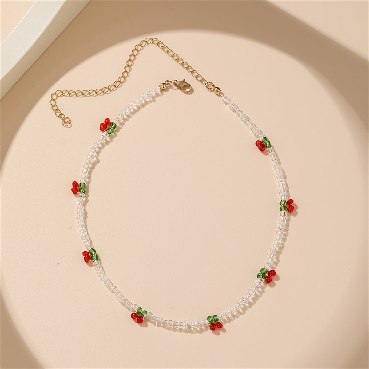 White & Red Beaded Cherry Station Necklace