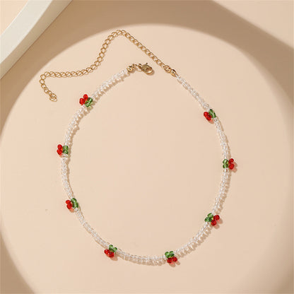 White & Red Beaded Cherry Station Necklace