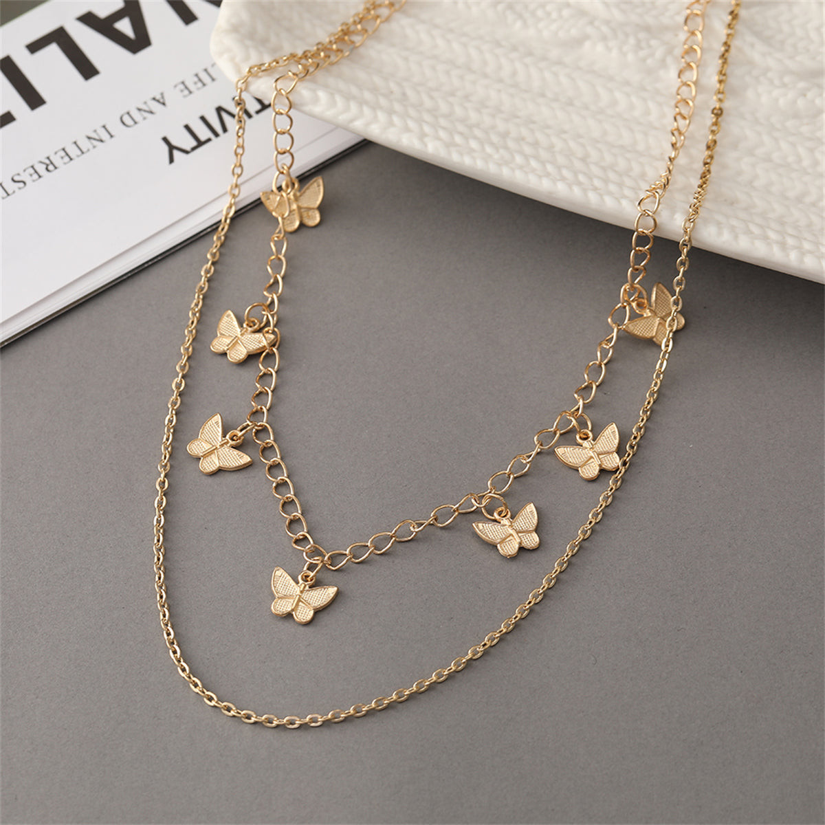 18K Gold-Plated Butterfly Station Layered Necklace, gold pendant necklace for women, everyday style, styled look