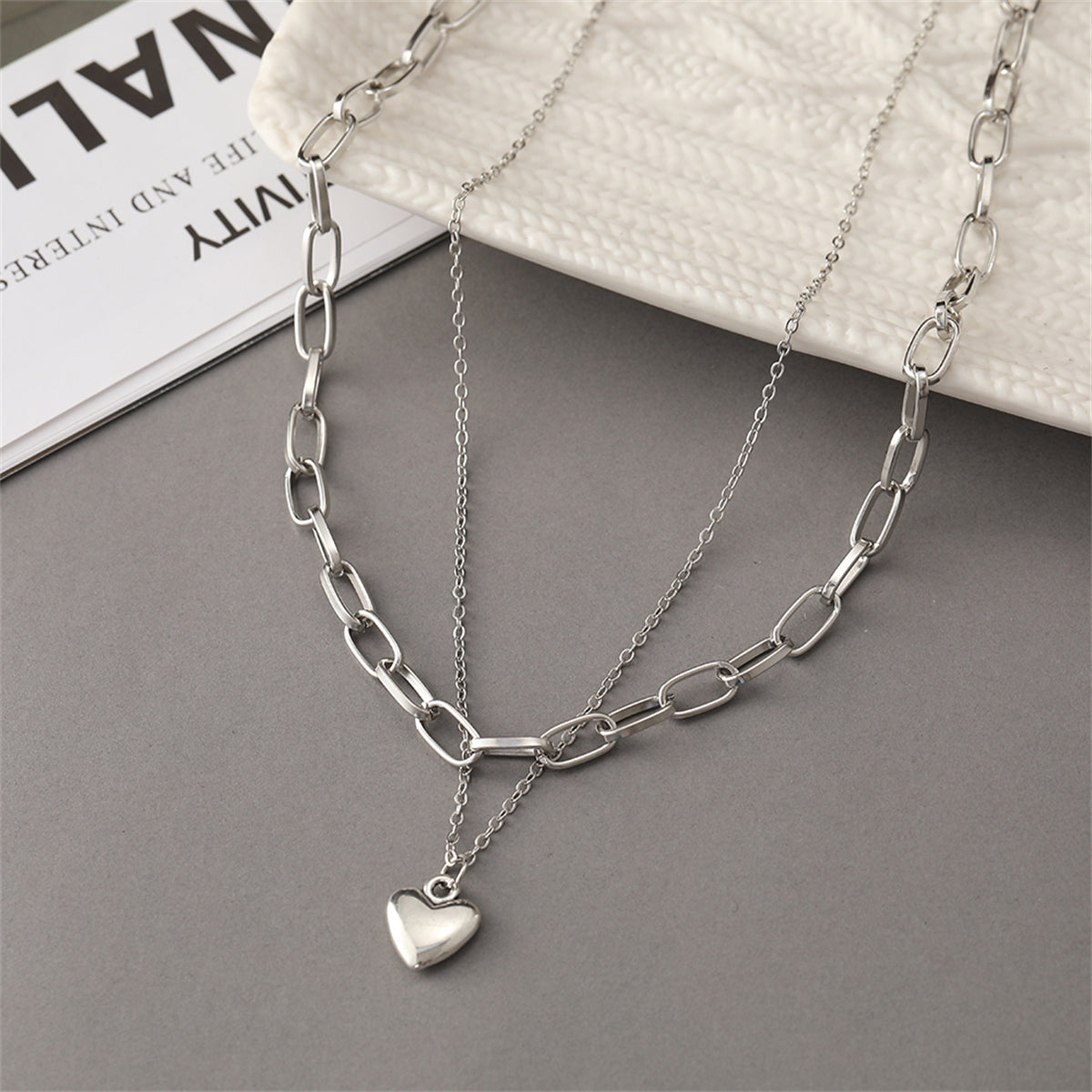 Silver-Plated Heart Layered Necklace, silver pendant necklace for women, everyday style, styled look
