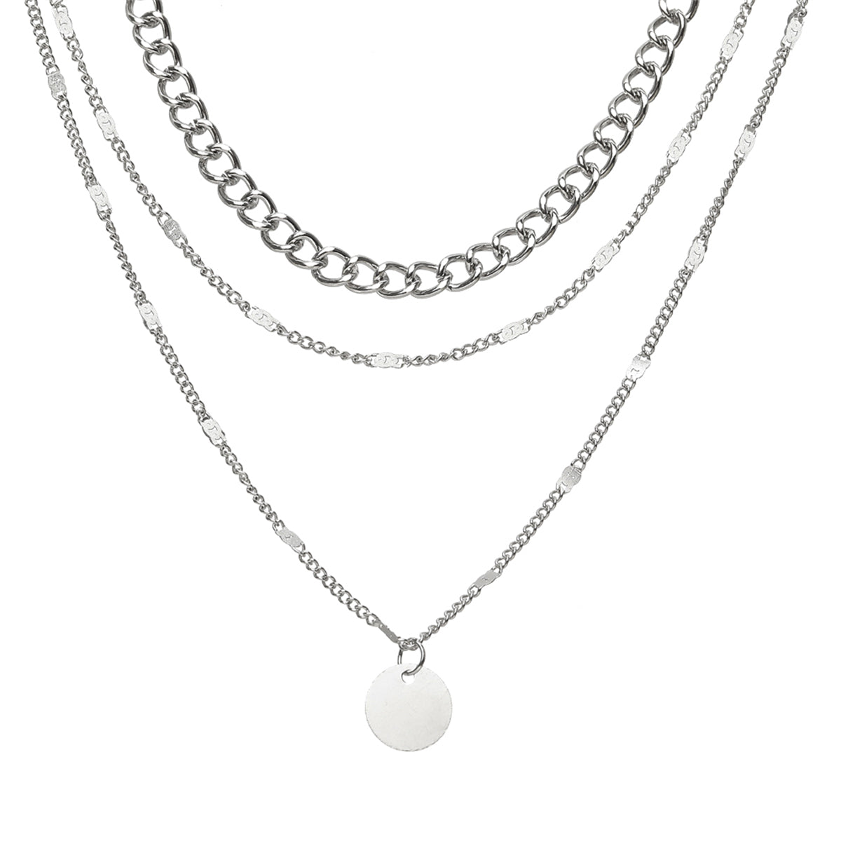 Silver-Plated Curb Chain Layered Pendant Necklace, silver pendant necklace for women, vintage-inspired design, side view