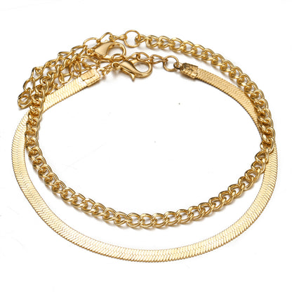18K Gold-Plated Herringbone Chain Anklet and Curb Chain Anklet, jewelry gift sets for women, side view
