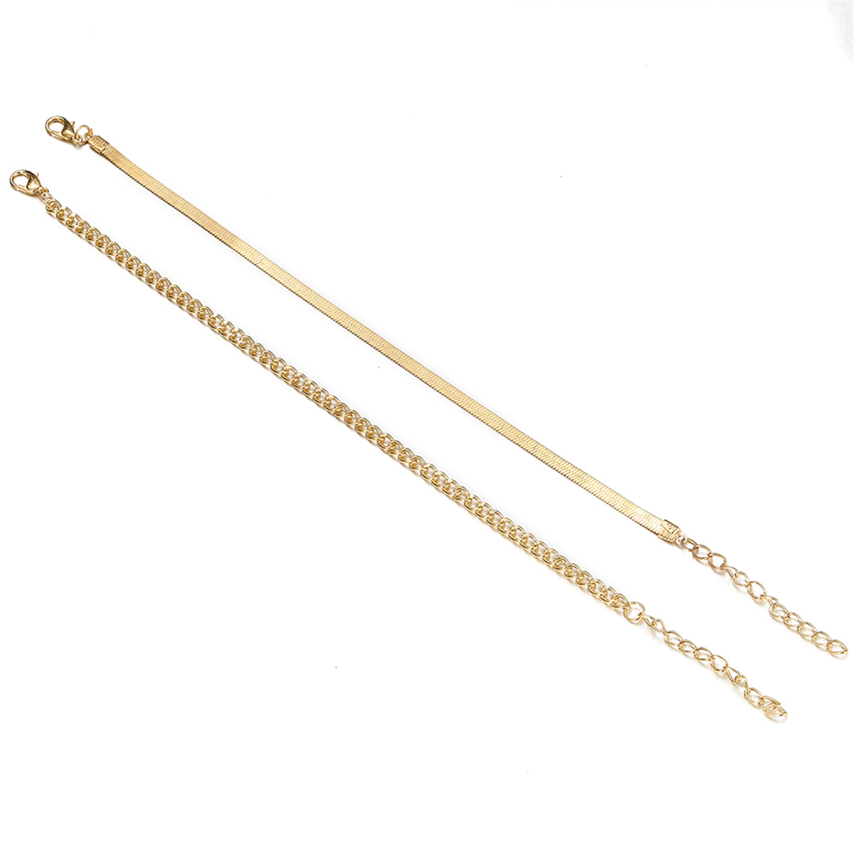 18K Gold-Plated Herringbone Chain Anklet and Curb Chain Anklet, jewelry gift sets for women, detail close-up