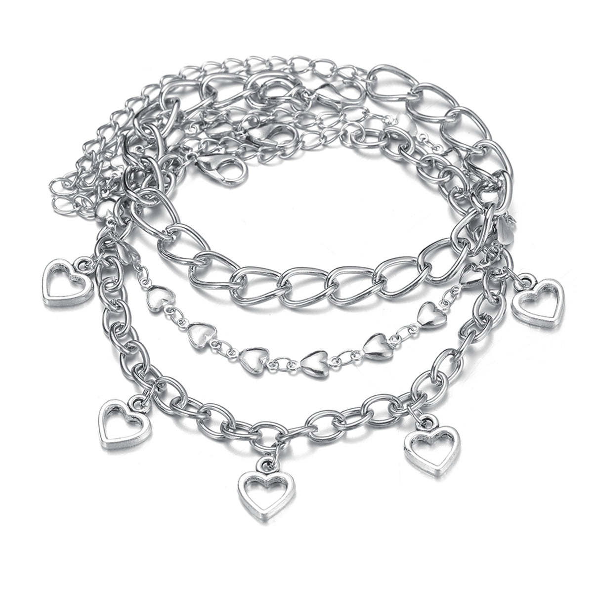 Silver-Plated Openwork Heart Station Charm Anklet Set, jewelry gift sets for women, everyday style, side view