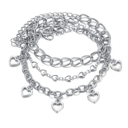 Silver-Plated Openwork Heart Station Charm Anklet Set, jewelry gift sets for women, everyday style, side view
