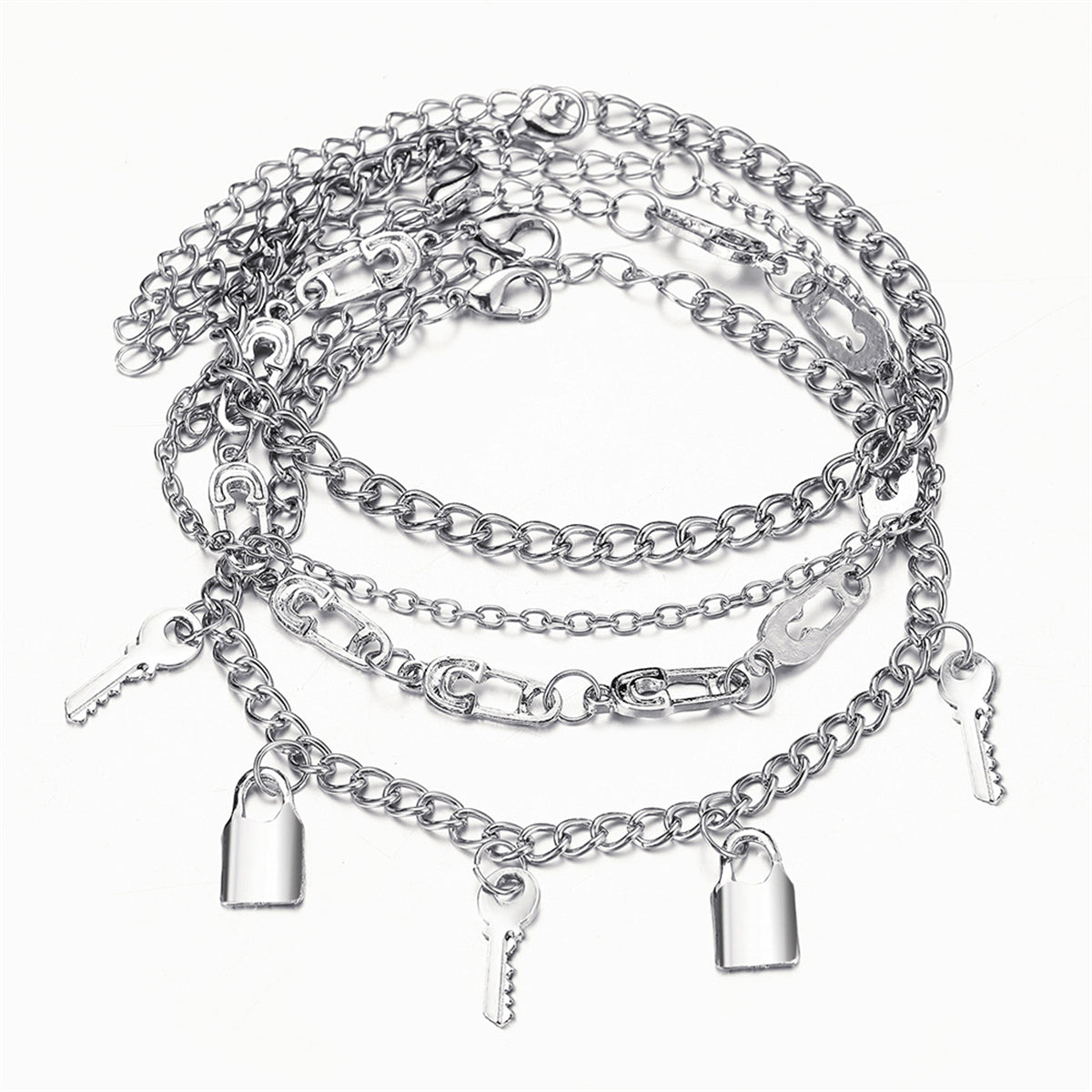 Silver-Plated Key Lock Station Charm Anklet Set