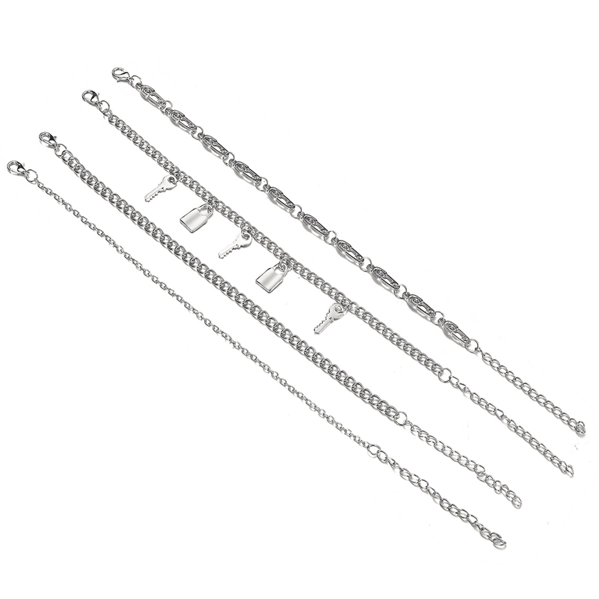 Silver-Plated Key Lock Station Charm Anklet Set
