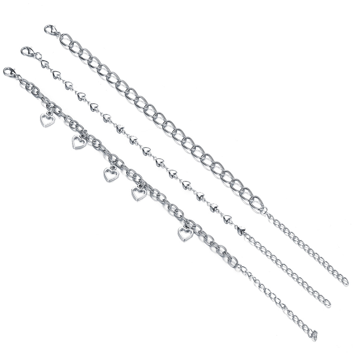 Silver-Plated Openwork Heart Station Charm Anklet Set, jewelry gift sets for women, everyday style, detail close-up