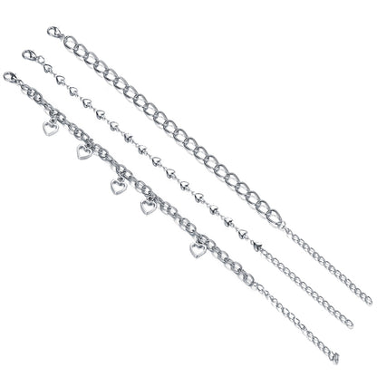 Silver-Plated Openwork Heart Station Charm Anklet Set, jewelry gift sets for women, everyday style, detail close-up