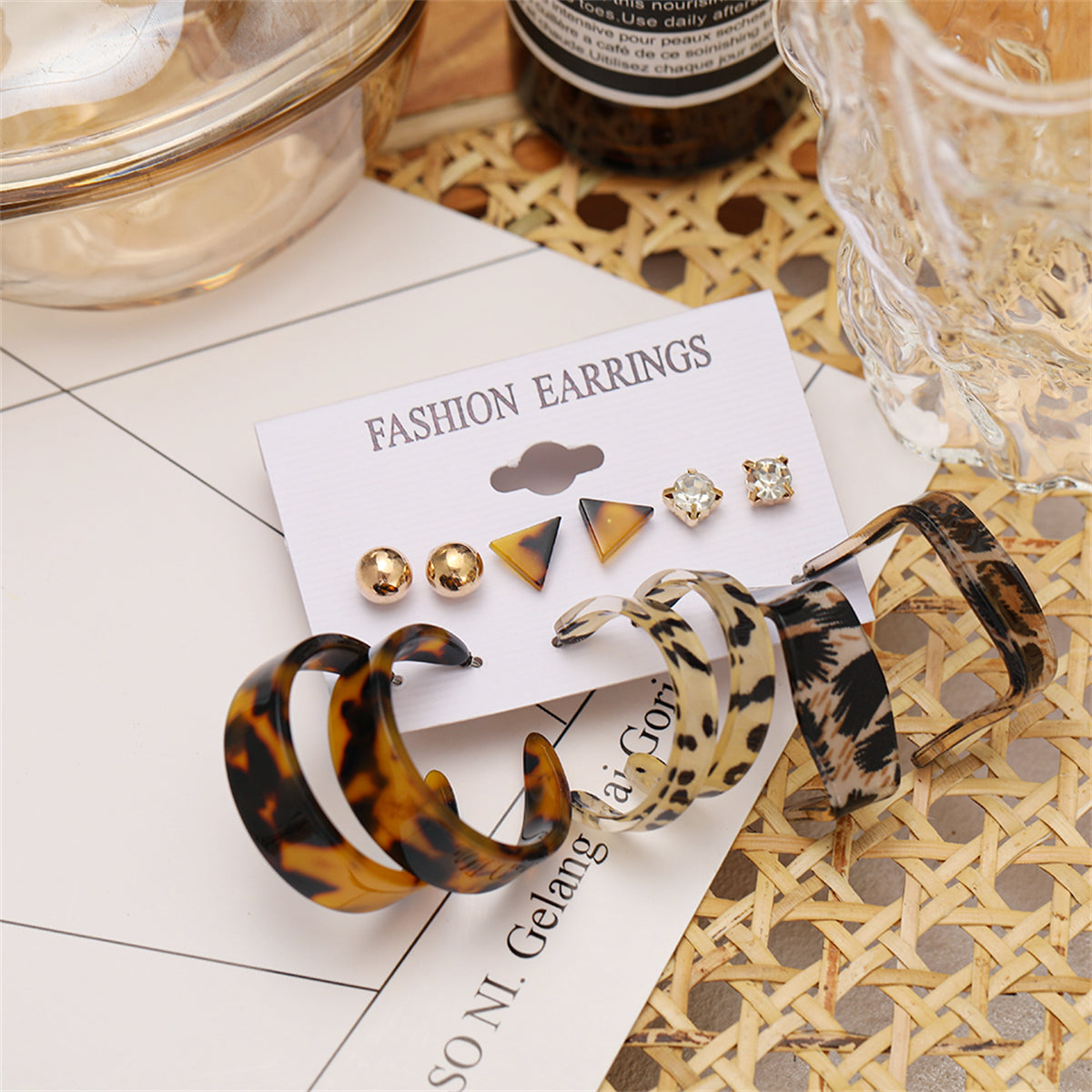 Cubic Zirconia & Acrylic 18K Gold-Plated Leopard Hoop Earrings Set