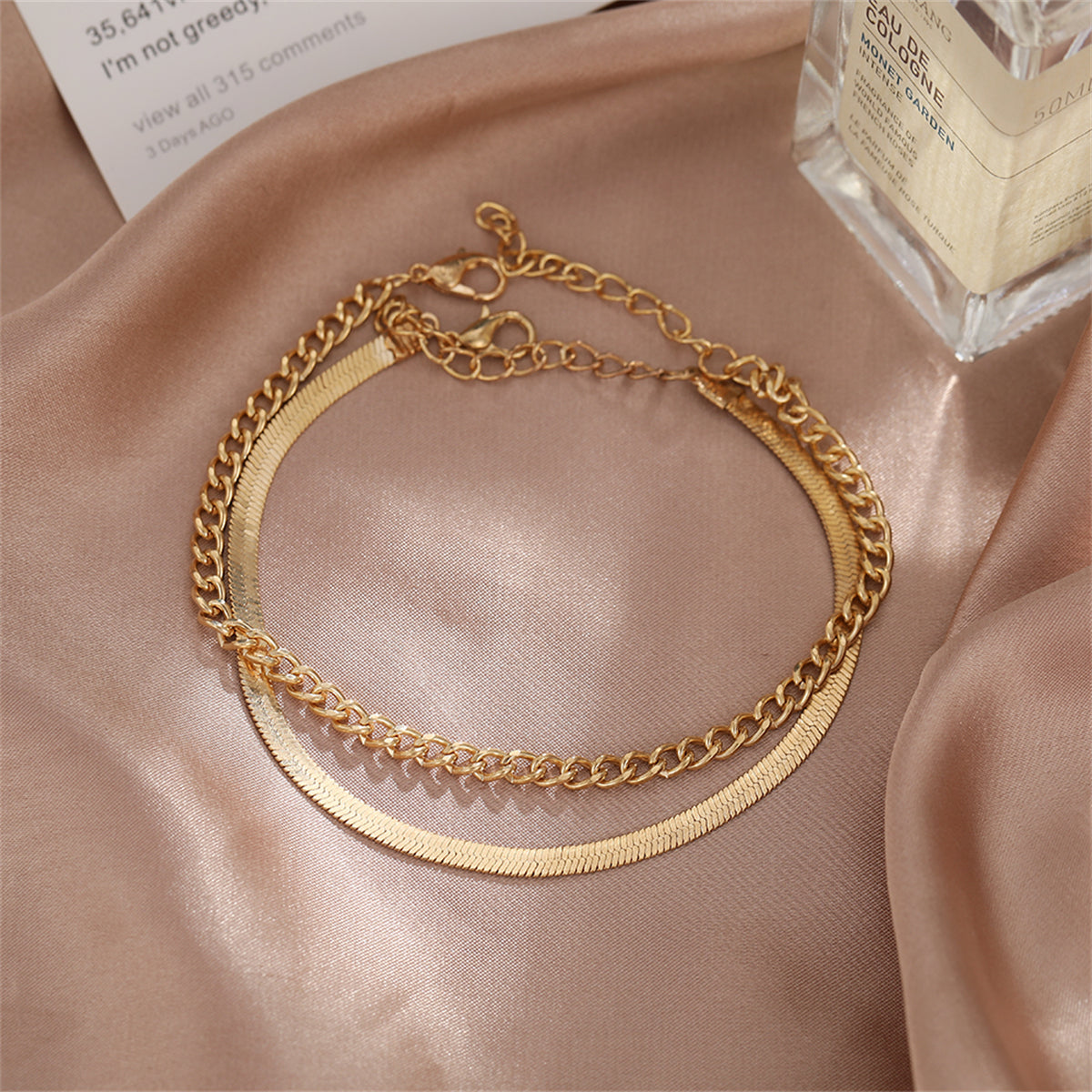 18K Gold-Plated Herringbone Chain Anklet and Curb Chain Anklet, jewelry gift sets for women, lifestyle look