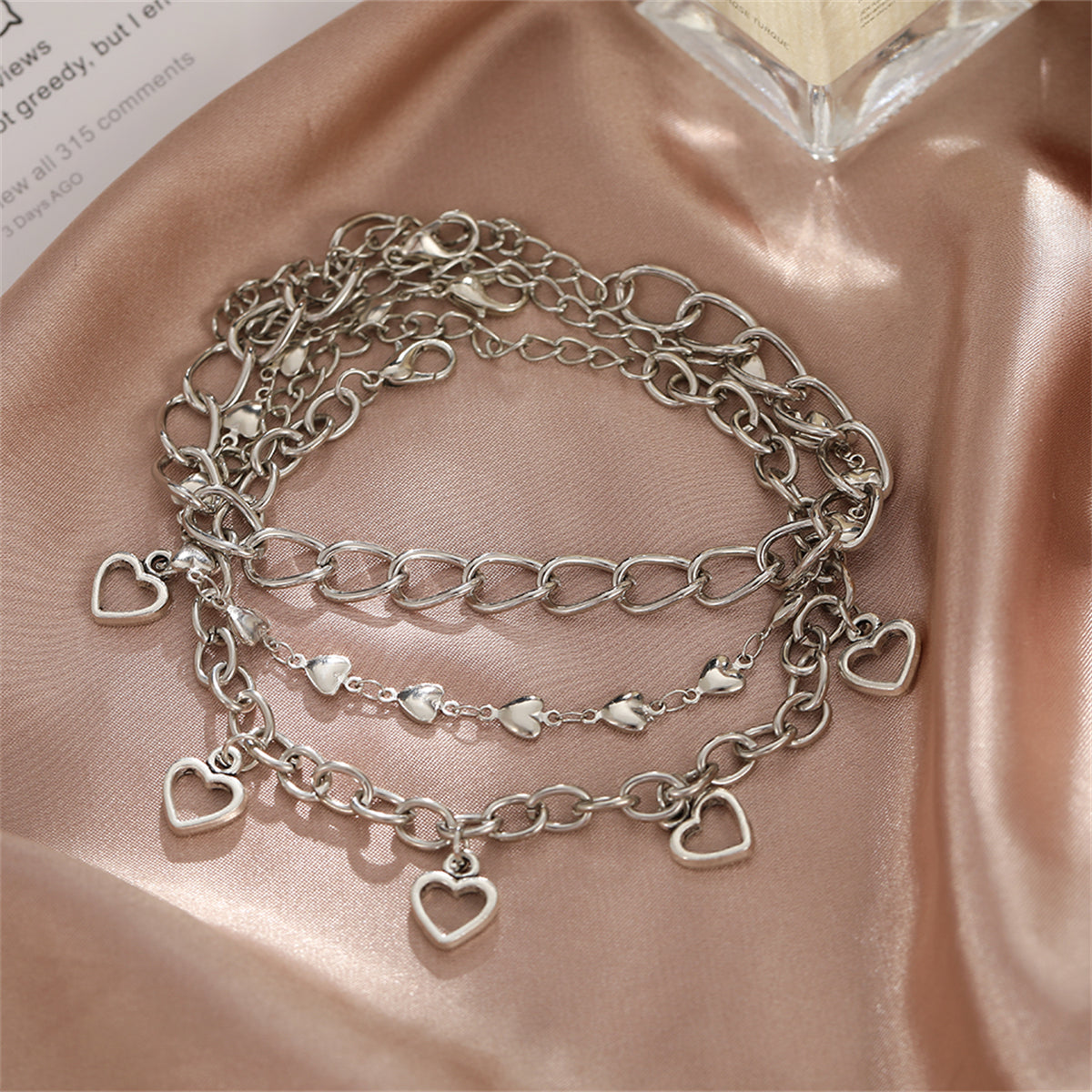 Silver-Plated Openwork Heart Station Charm Anklet Set, jewelry gift sets for women, everyday style, lifestyle look