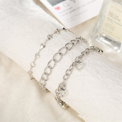 Silver-Plated Openwork Heart Station Charm Anklet Set, jewelry gift sets for women, everyday style, styled look