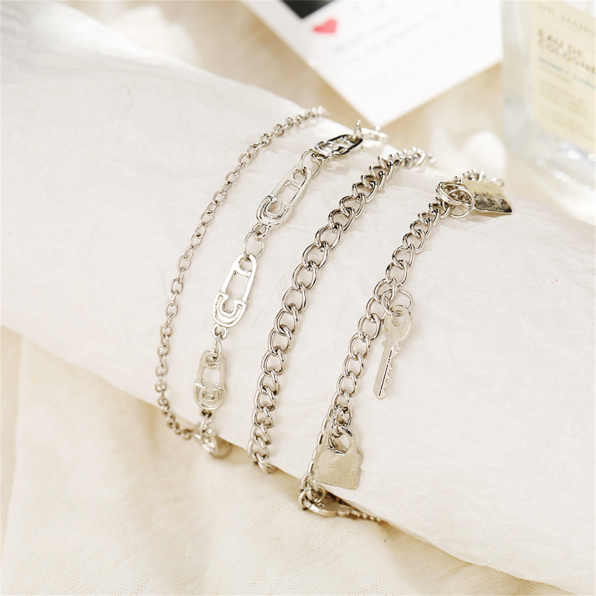 Silver-Plated Key Lock Station Charm Anklet Set