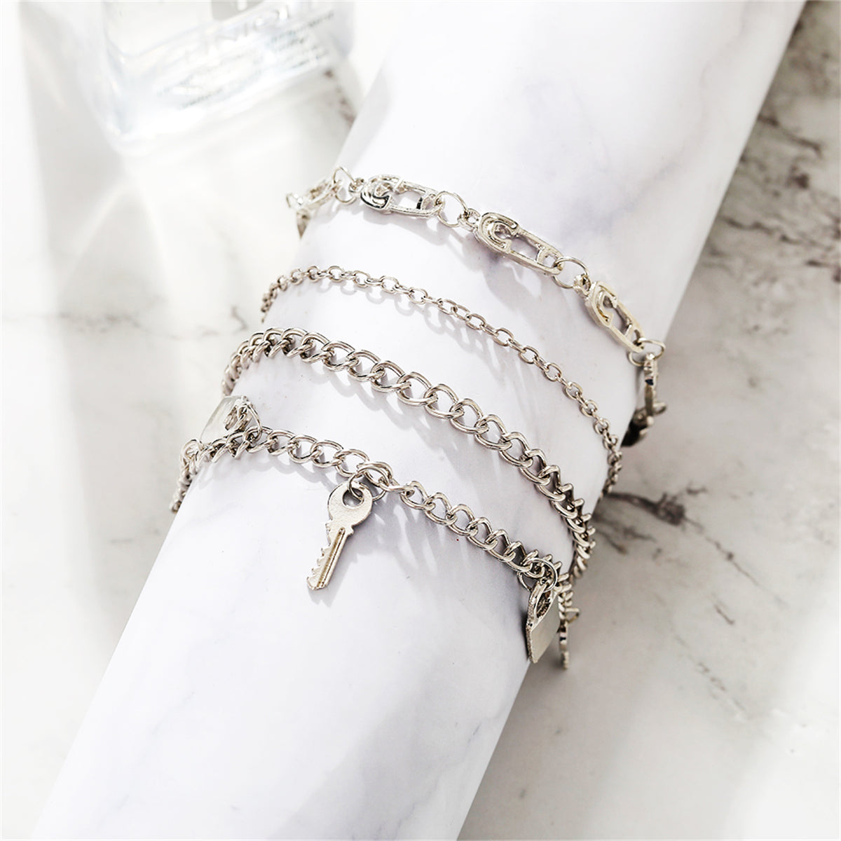 Silver-Plated Key Lock Station Charm Anklet Set