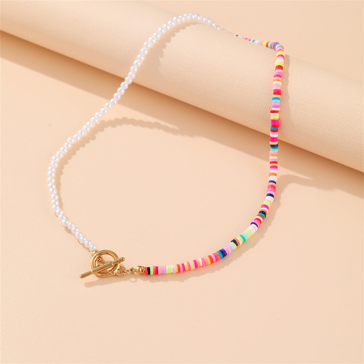 Multicolor Polymer Clay and Pearl Beaded Patchwork Toggle Necklace, pendant necklace for women, everyday style, side view
