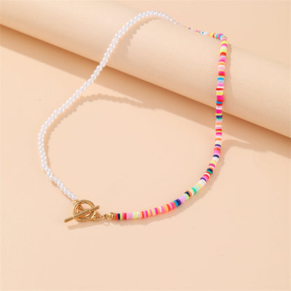 Multicolor Polymer Clay and Pearl Beaded Patchwork Toggle Necklace, pendant necklace for women, everyday style, side view