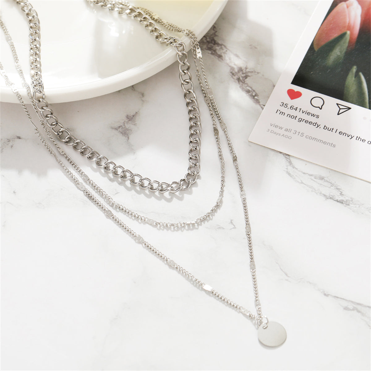 Silver-Plated Curb Chain Layered Pendant Necklace, silver pendant necklace for women, vintage-inspired design, styled look