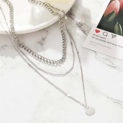 Silver-Plated Curb Chain Layered Pendant Necklace, silver pendant necklace for women, vintage-inspired design, styled look