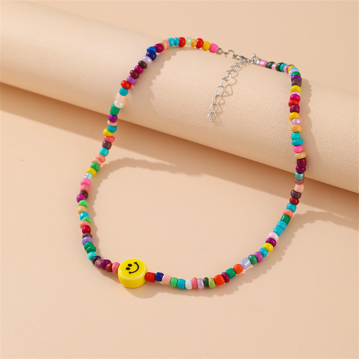 Yellow and Howlite Multicolor Smiley Beaded Choker Necklace, pendant necklace for women, vintage-inspired design, side view