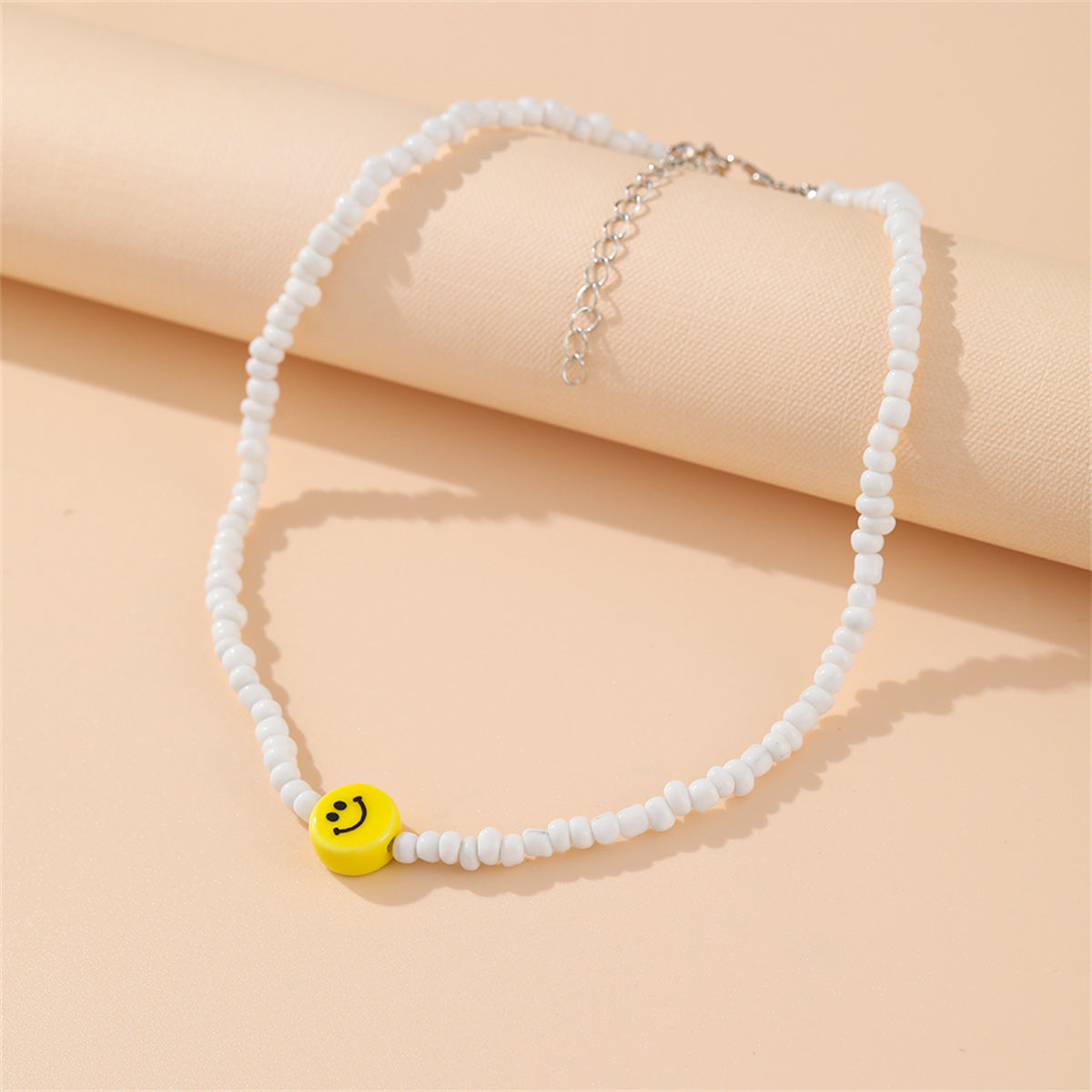 Yellow and White Howlite Smiley Face Beaded Necklace, pendant necklace for women, dainty minimalist design, front view