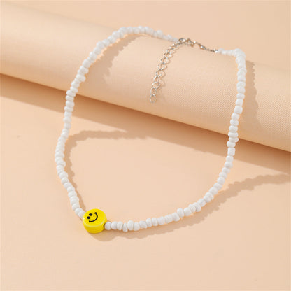 Yellow and White Howlite Smiley Face Beaded Necklace, pendant necklace for women, dainty minimalist design, front view