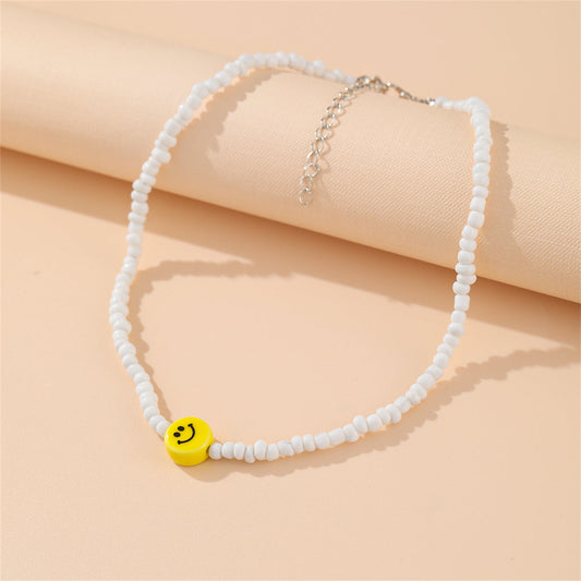 Yellow and White Howlite Smiley Face Beaded Necklace, pendant necklace for women, dainty minimalist design, front view